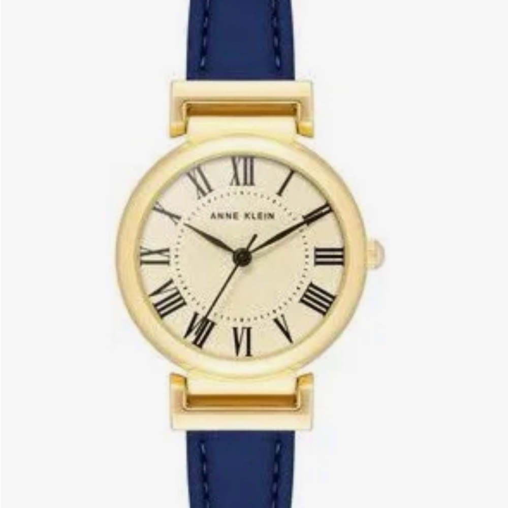 Anne Klein Gold Case Watch – Navy Leather Strap – NWT – Classic Minimalist
